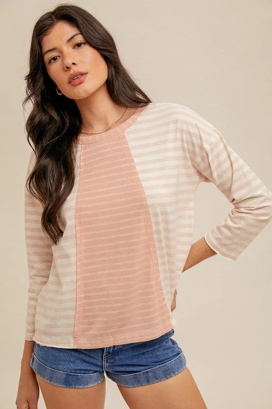 Striped 3/4 Sleeve High-Low Top Refined Women's Hand - crafted