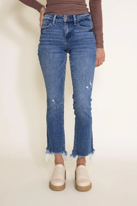 Flying Monkey Mid-Rise Destructed Hem Crop Bootcut Jeans for Women | F5011