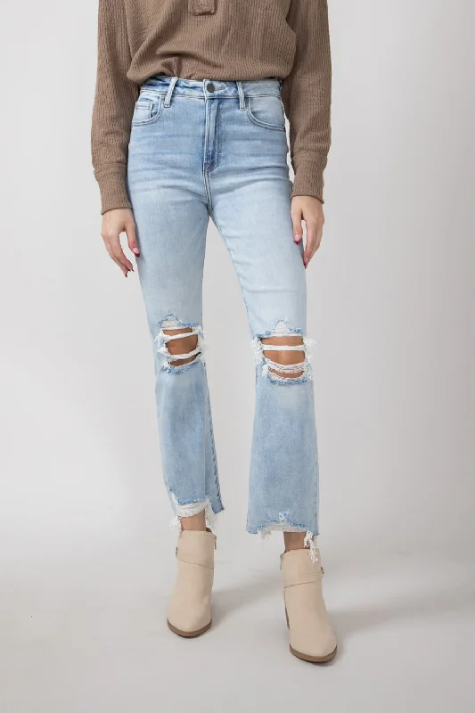 Hidden Happi Distressed Knee Crop Flare Jeans for Women | HD3128C-M Minimalist Women's Casual