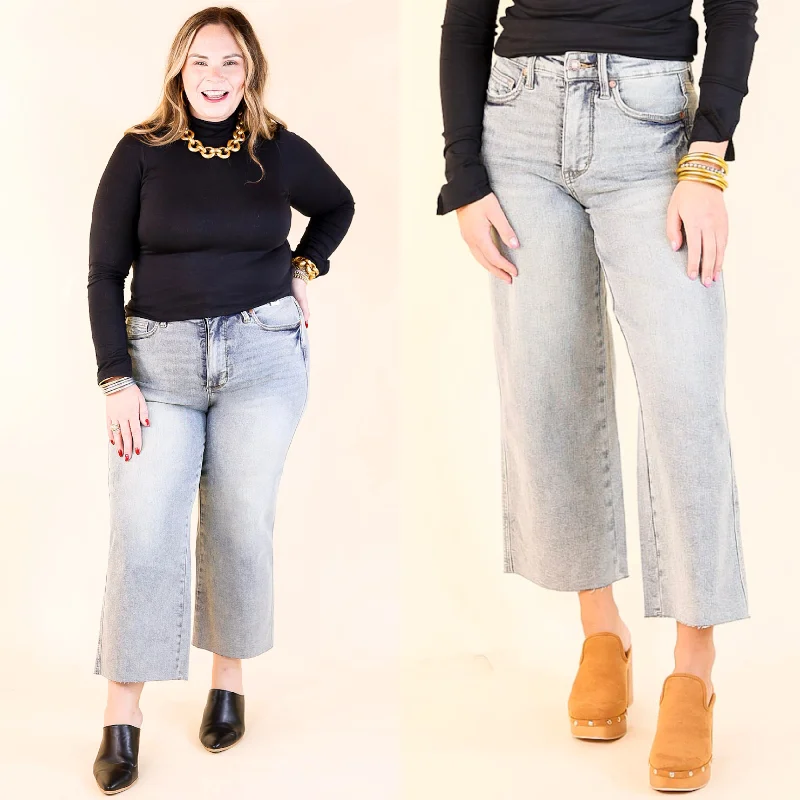 Judy Blue | Casual Confidence Mid Rise Tummy Control Cropped Wide Leg Jean with Raw Hem in Light Wash