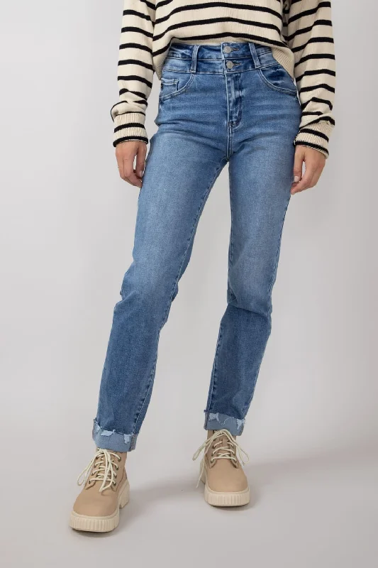 KanCan High Rise Cuffed Slim Straight Jeans for Women | KC20023M Trendy Women's 