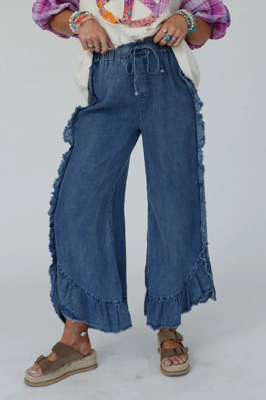 Drift Wave Ruffle Wide Leg Pants - Denim