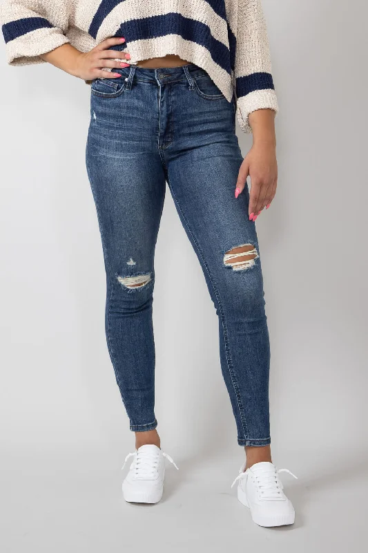 Judy Blue Mid Rise Distressed Knee Skinny Jeans for Women | 88798-DK Bold Women's Statement Judy Blue Mid Rise Distressed Knee Skinny Jeans for Women | 88798-DK Bold Women's Statement