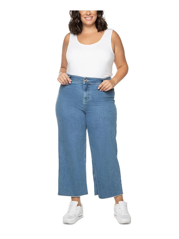 Womens Frayed Hem Denim Wide Leg Jeans