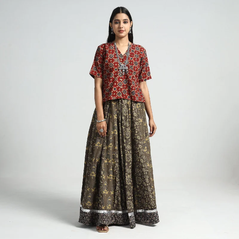 Brown - Ajrakh Block Printed 24 Kali Patchwork Cotton Long Skirt Youthful Women's Pop