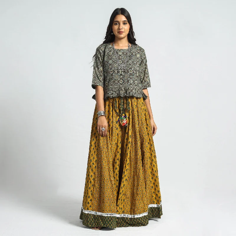 Yellow - Ajrakh Block Printed 24 Kali Patchwork Cotton Long Skirt