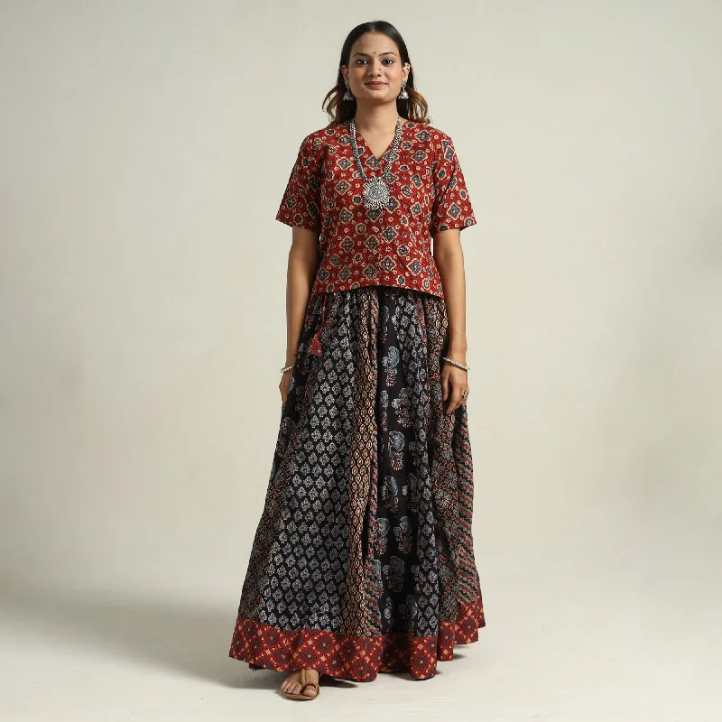 Black - Ajrakh Block Printed 24 Kali Patchwork Cotton Long Skirt 11