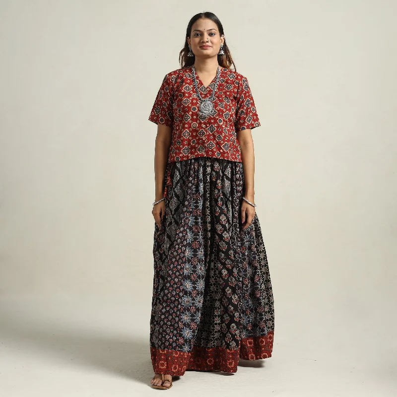 Black - Ajrakh Block Printed 24 Kali Patchwork Cotton Long Skirt 16