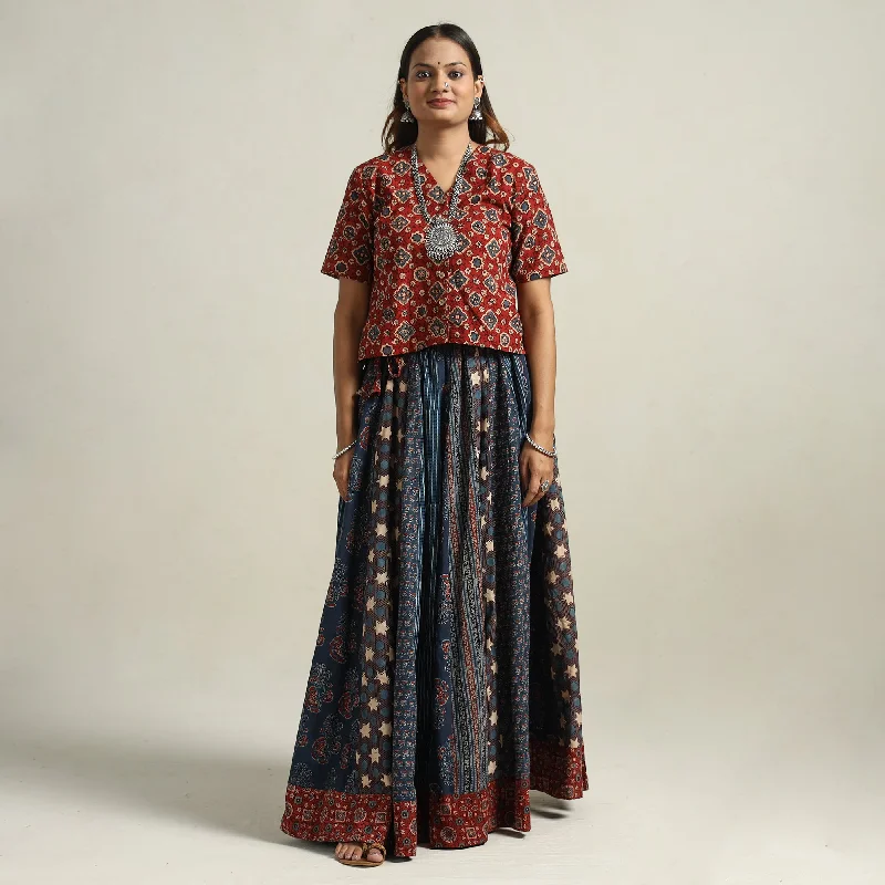 Blue - Ajrakh Block Printed 24 Kali Patchwork Cotton Long Skirt 19