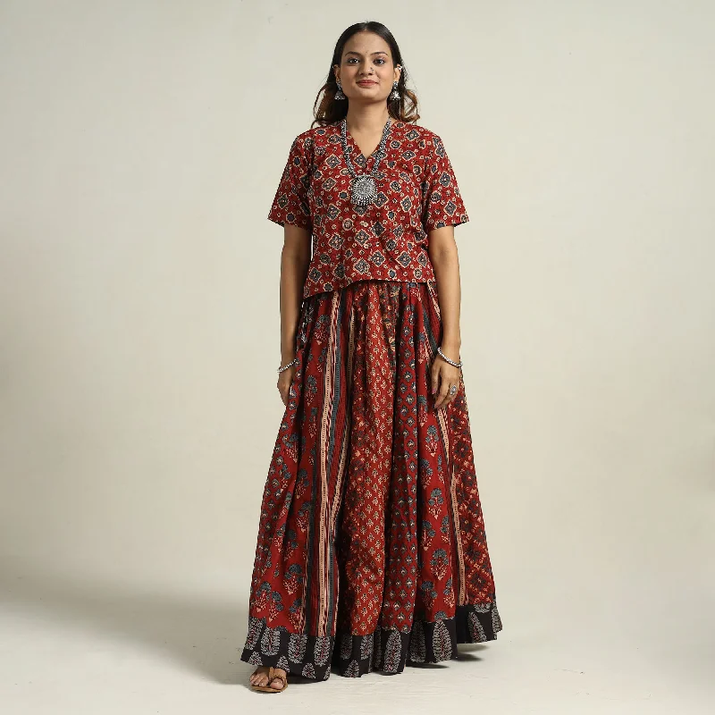 Red - Ajrakh Block Printed 24 Kali Patchwork Cotton Long Skirt 20