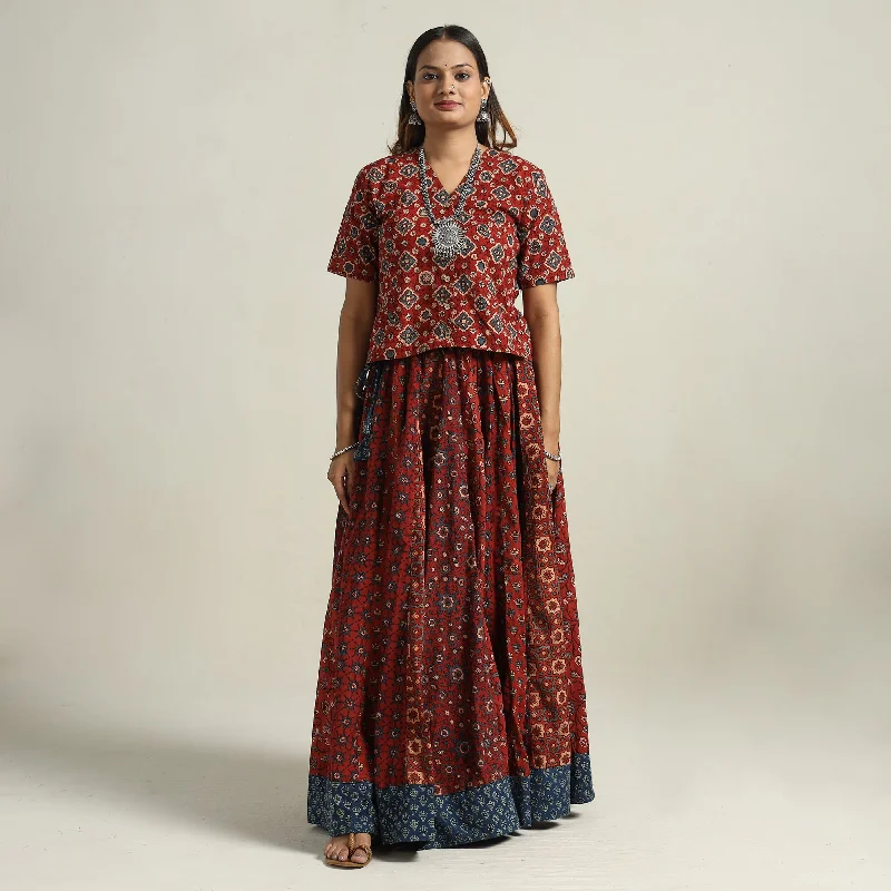 Red - Ajrakh Block Printed 24 Kali Patchwork Cotton Long Skirt 22