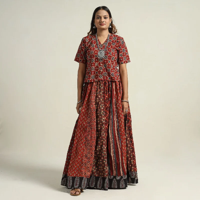 Red - Ajrakh Block Printed 24 Kali Patchwork Cotton Long Skirt 24