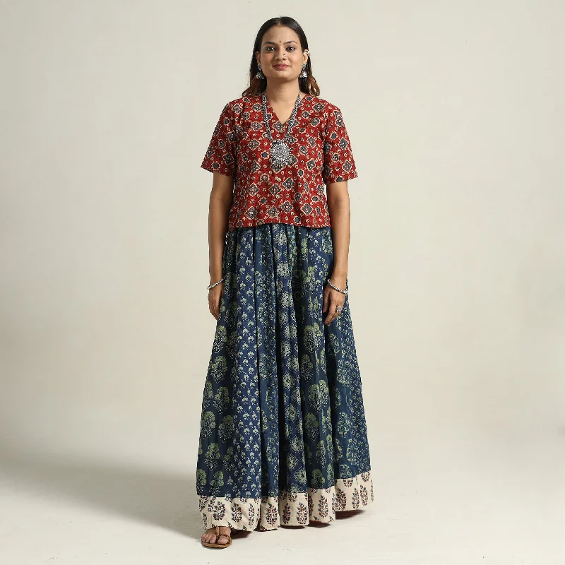 Blue - Ajrakh Block Printed 24 Kali Patchwork Cotton Long Skirt 32