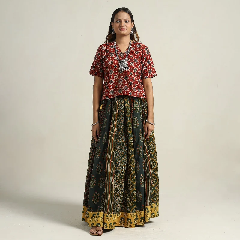 Green - Ajrakh Block Printed 24 Kali Patchwork Cotton Long Skirt 33