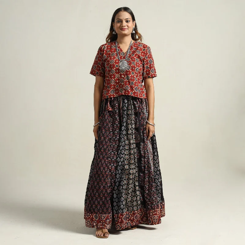 Multicolor - Ajrakh Block Printed 24 Kali Patchwork Cotton Long Skirt 34