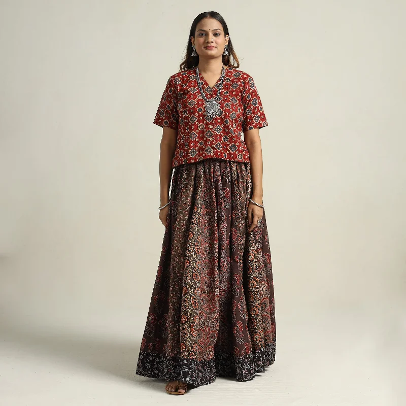 Brown - Ajrakh Block Printed 24 Kali Patchwork Cotton Long Skirt 38