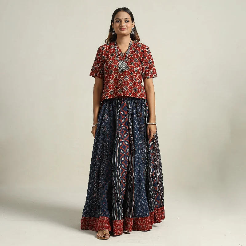 Blue - Ajrakh Block Printed 24 Kali Patchwork Cotton Long Skirt 39