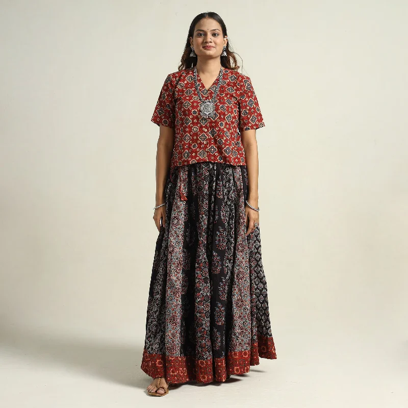 Black - Ajrakh Block Printed 24 Kali Patchwork Cotton Long Skirt 04