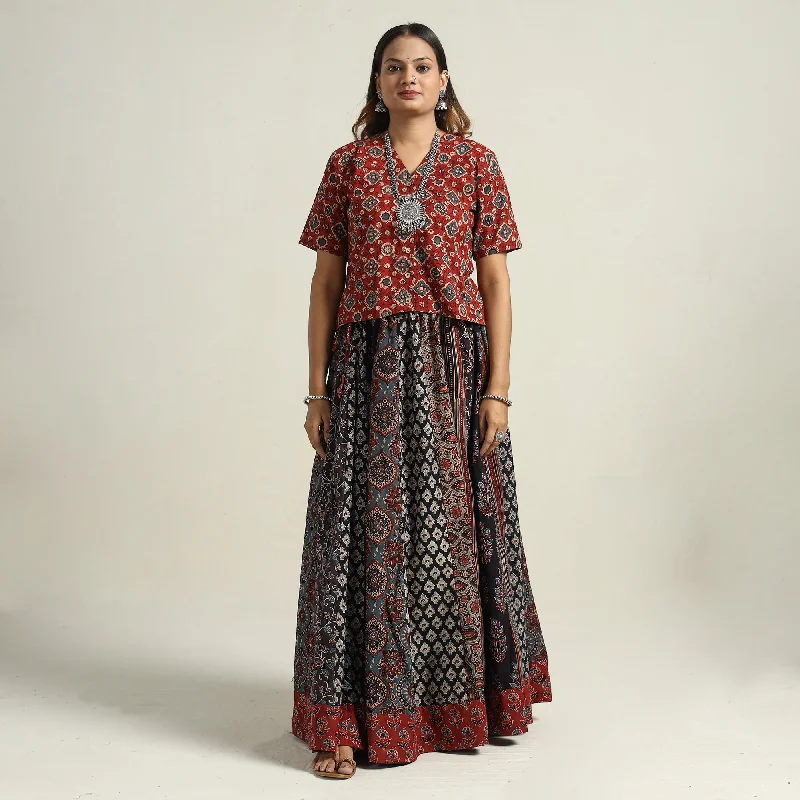 Black - Ajrakh Block Printed 24 Kali Patchwork Cotton Long Skirt 42