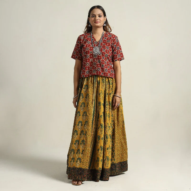 Yellow - Ajrakh Block Printed 24 Kali Patchwork Cotton Long Skirt 46