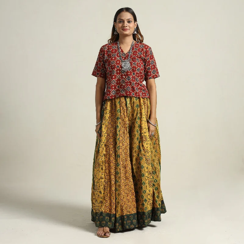 Yellow - Ajrakh Block Printed 24 Kali Patchwork Cotton Long Skirt 48