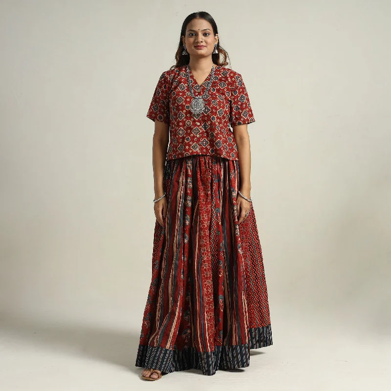 Red - Ajrakh Block Printed 24 Kali Patchwork Cotton Long Skirt 05