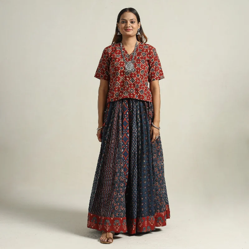 Multicolor - Ajrakh Block Printed 24 Kali Patchwork Cotton Long Skirt 53