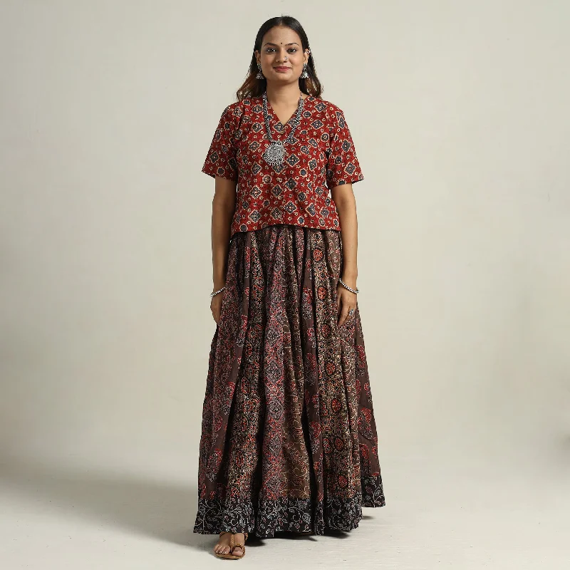 Brown - Ajrakh Block Printed 24 Kali Patchwork Cotton Long Skirt 59