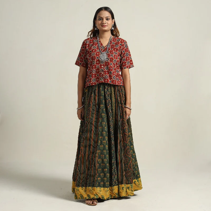 Green - Ajrakh Block Printed 24 Kali Patchwork Cotton Long Skirt 71