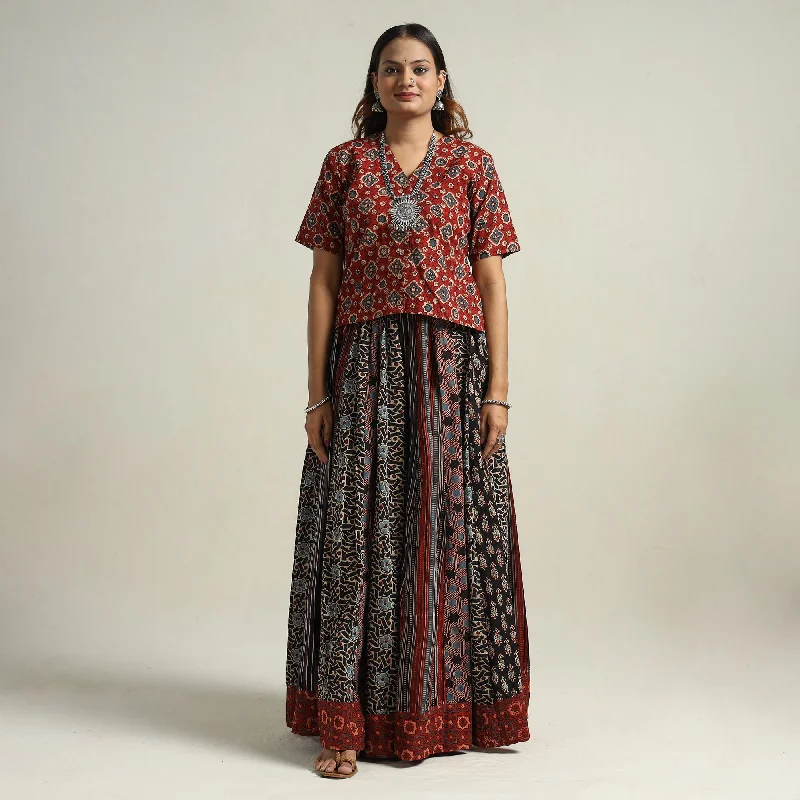 Black - Ajrakh Block Printed 24 Kali Patchwork Cotton Long Skirt 08