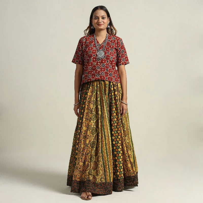 Yellow - Ajrakh Block Printed 24 Kali Patchwork Cotton Long Skirt 80