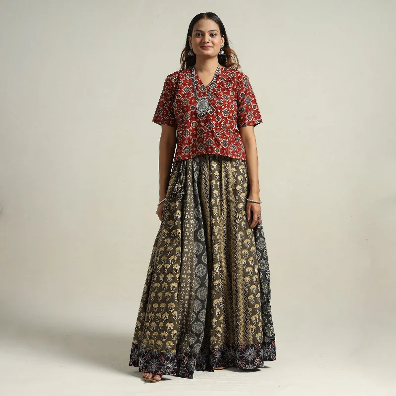 Brown - Ajrakh Block Printed 24 Kali Patchwork Cotton Long Skirt 09