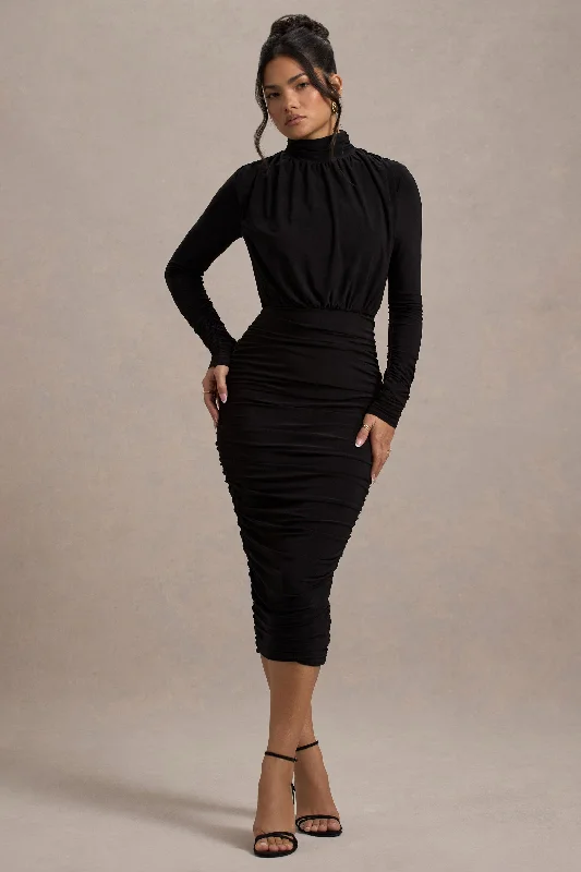 Dasha |  Black Ruched High-Neck Long-Sleeve Midi Dress