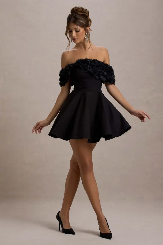 Micro Muse | Black Floral Bardot Mini Dress Monochromatic All - in - one