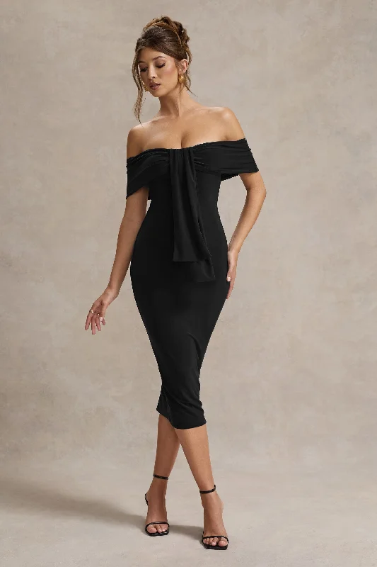 Selbie | Black Bardot Midi Dress With Drape