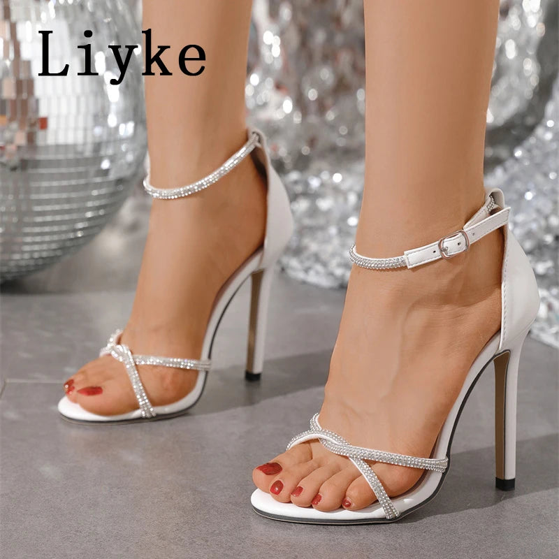 Liyke Thin High Heels Sandals For Women 2024 Summer Fashion Crystal Narrow Band Open Toe Buckle Strap Dress Shoes Zapatos Mujer