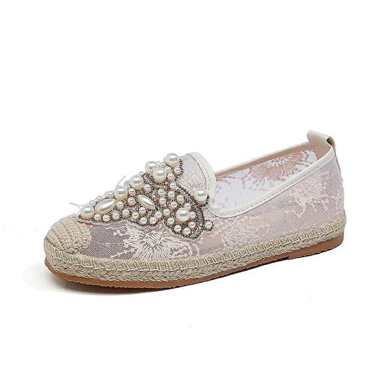 New brand wholesale flat canvas pearl shoes women summer mesh brand famous design ladies luxury loafers' hot sale 2023 jinjiang