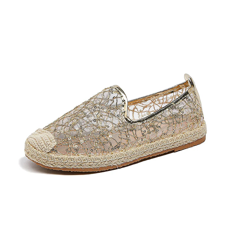 New flat wholesale high quality espadrilles women gold Silkweave fabric canvas trendy shoes summer slipon brand famous