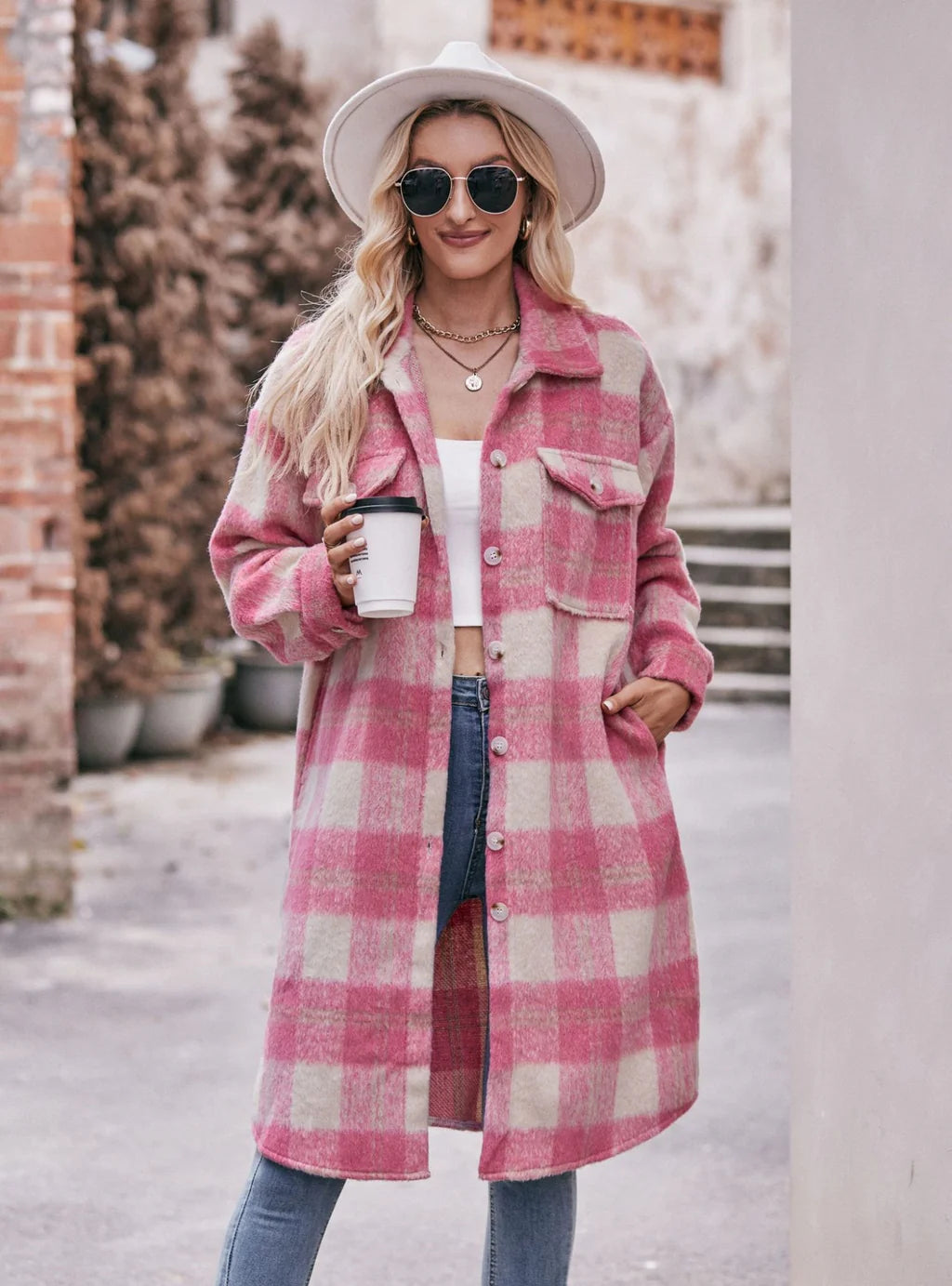 Autumn and Winter Long Plaid Pocket Coat British Gentlewoman Style