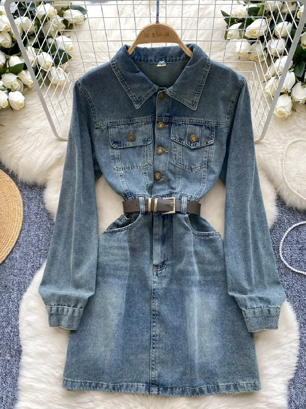 Belted Waist Button-Down Denim Shirt Dress