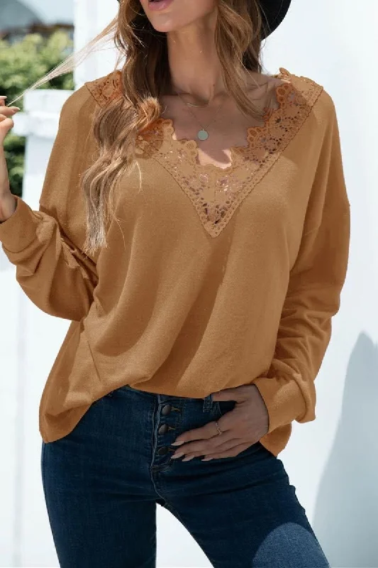 V NECK STITCHING SOLID COLOR LONG SLEEVE TOP Vintage Women's 1970S 