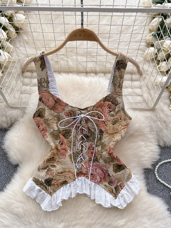 Delicate Lace Trim Vintage-Inspired Floral Corset Top French