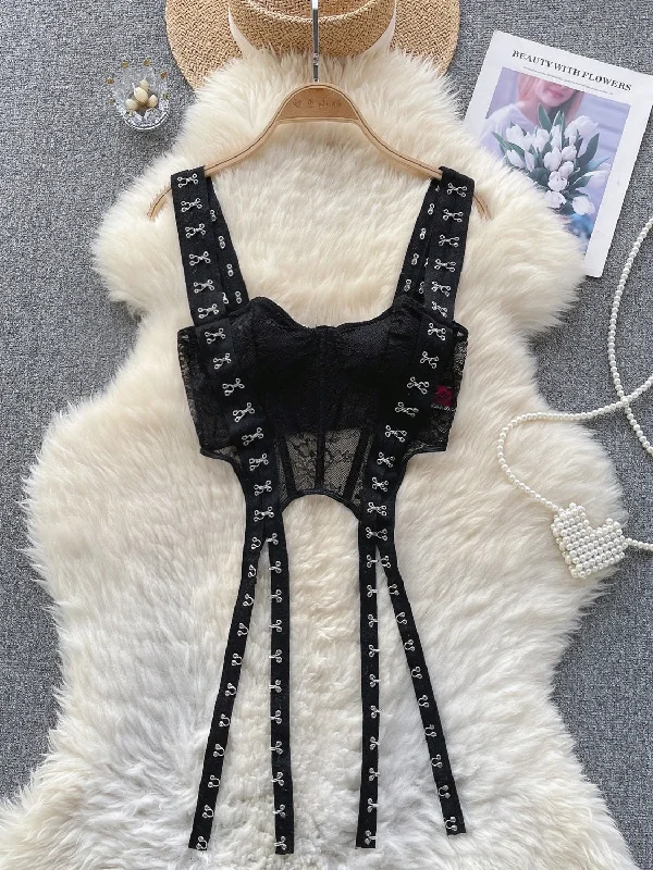 Eye-Catching Hook Edgy Black Lace Corset Top Gym